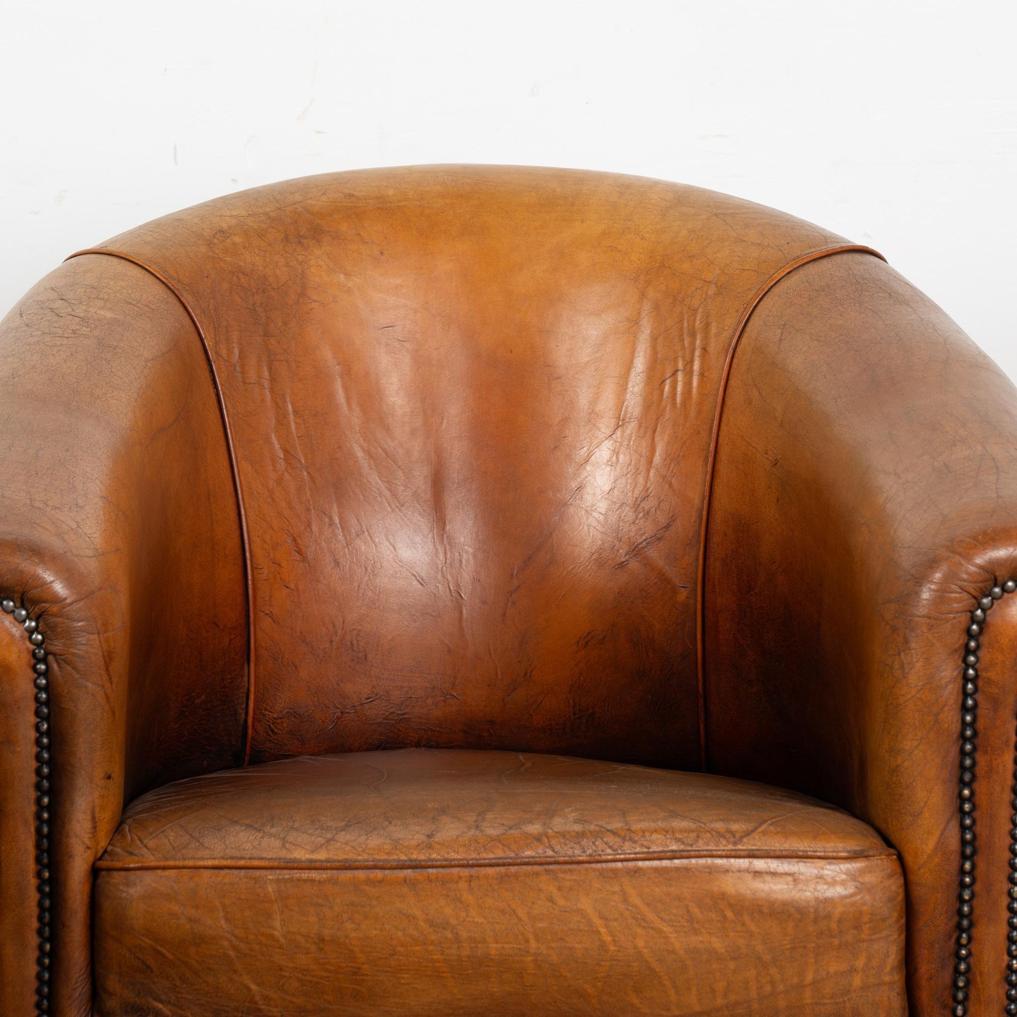 Pair, Vintage Brown Leather Tub Arm Chairs, France Circa 1940-60 1