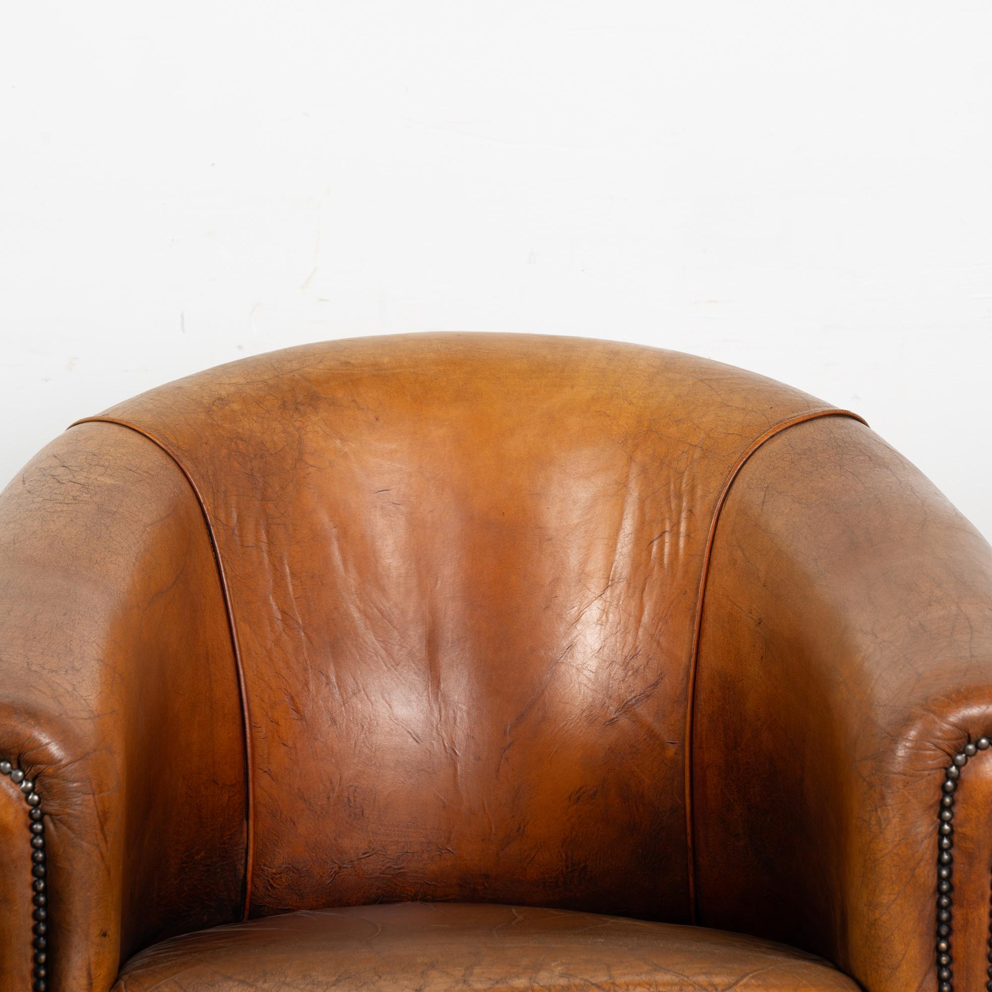 Pair, Vintage Brown Leather Tub Arm Chairs, France Circa 1940-60 2
