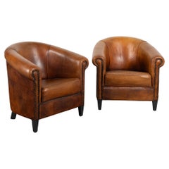 Pair, Vintage Brown Leather Tub Arm Chairs, France Circa 1940-60