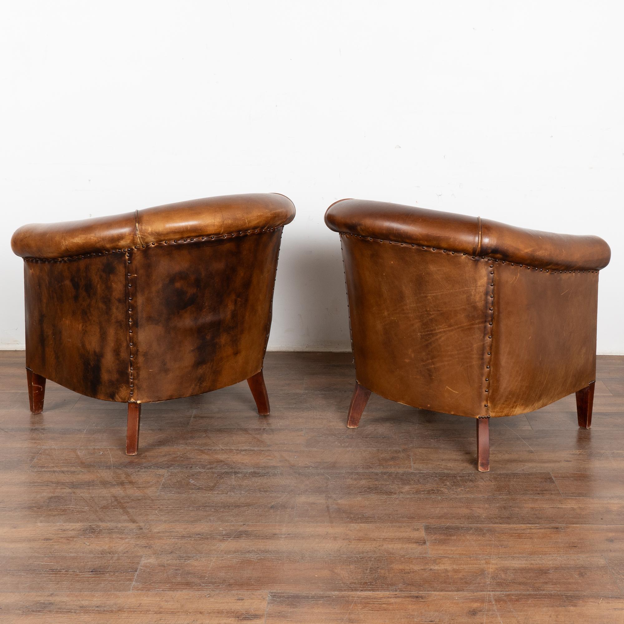 Pair, Vintage Brown Leather Tub Club Chairs, Denmark circa 1920-40 4