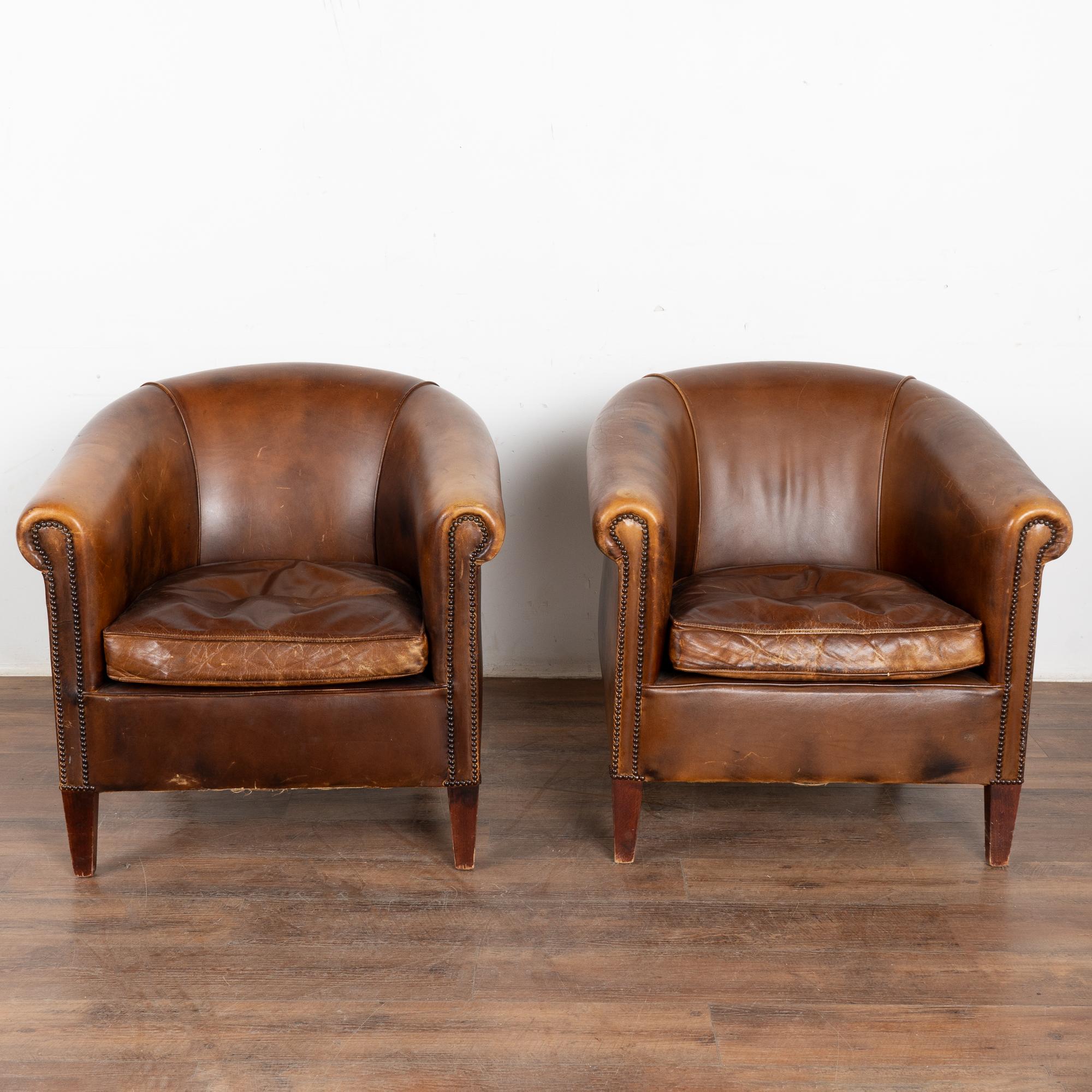 Mid-Century Modern Pair, Vintage Brown Leather Tub Club Chairs, Denmark circa 1920-40
