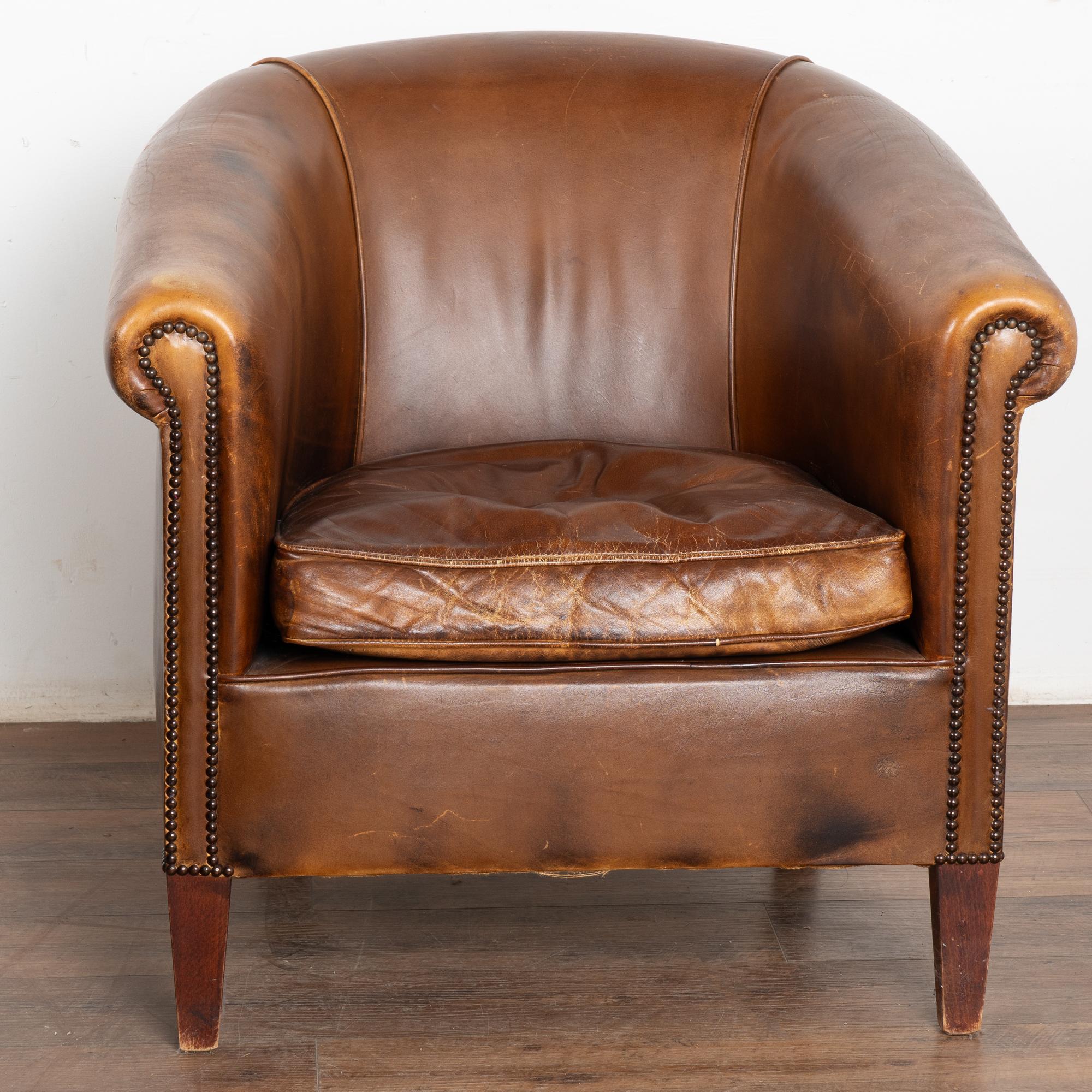 Danish Pair, Vintage Brown Leather Tub Club Chairs, Denmark circa 1920-40