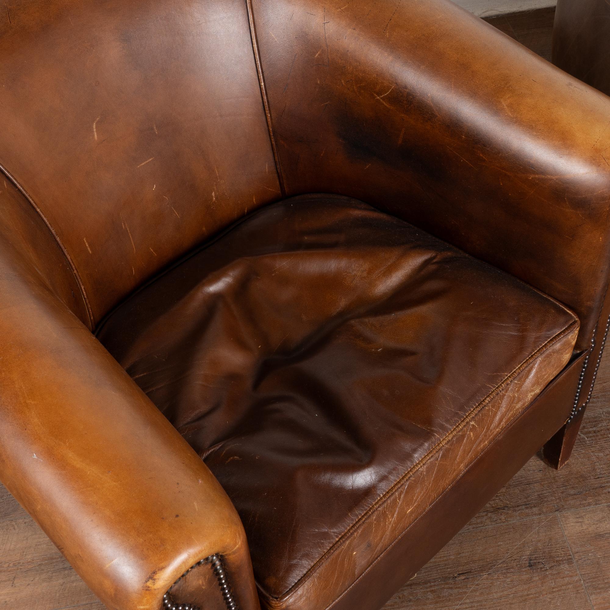 Pair, Vintage Brown Leather Tub Club Chairs, Denmark circa 1920-40 In Good Condition In Round Top, TX
