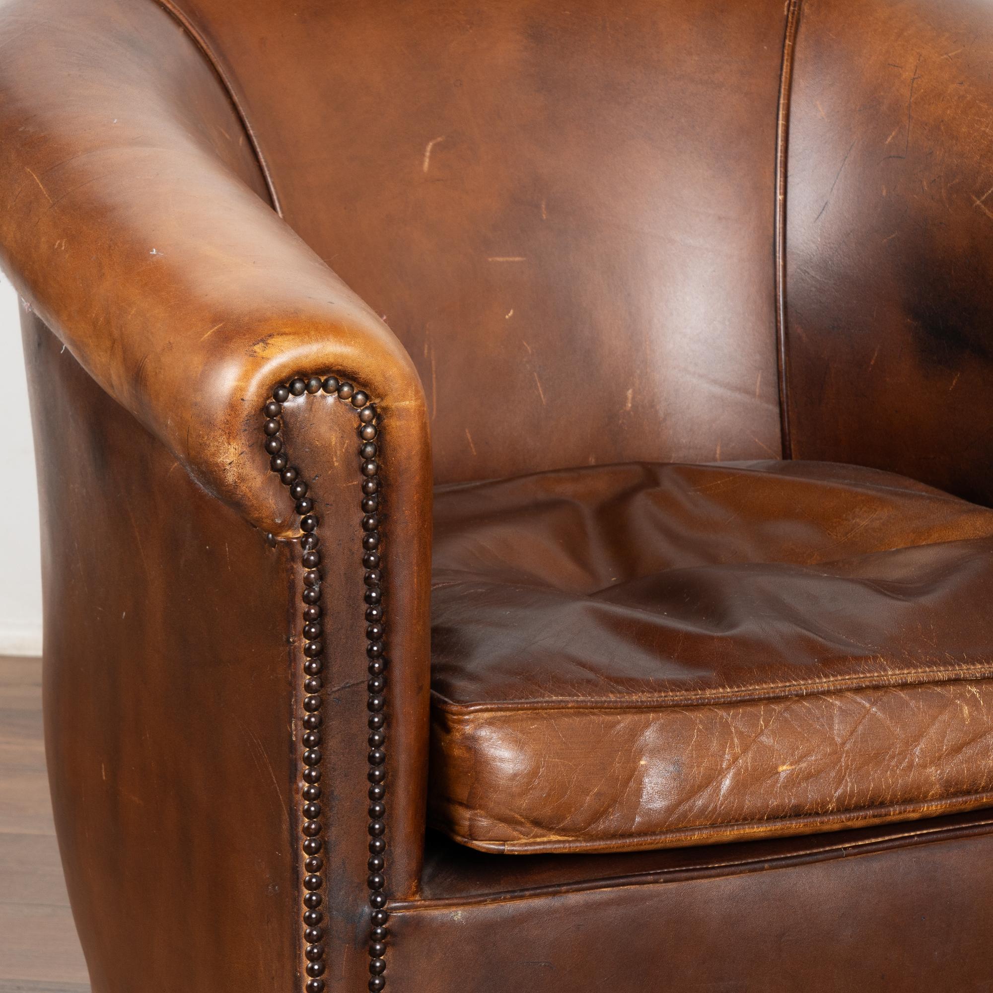 20th Century Pair, Vintage Brown Leather Tub Club Chairs, Denmark circa 1920-40