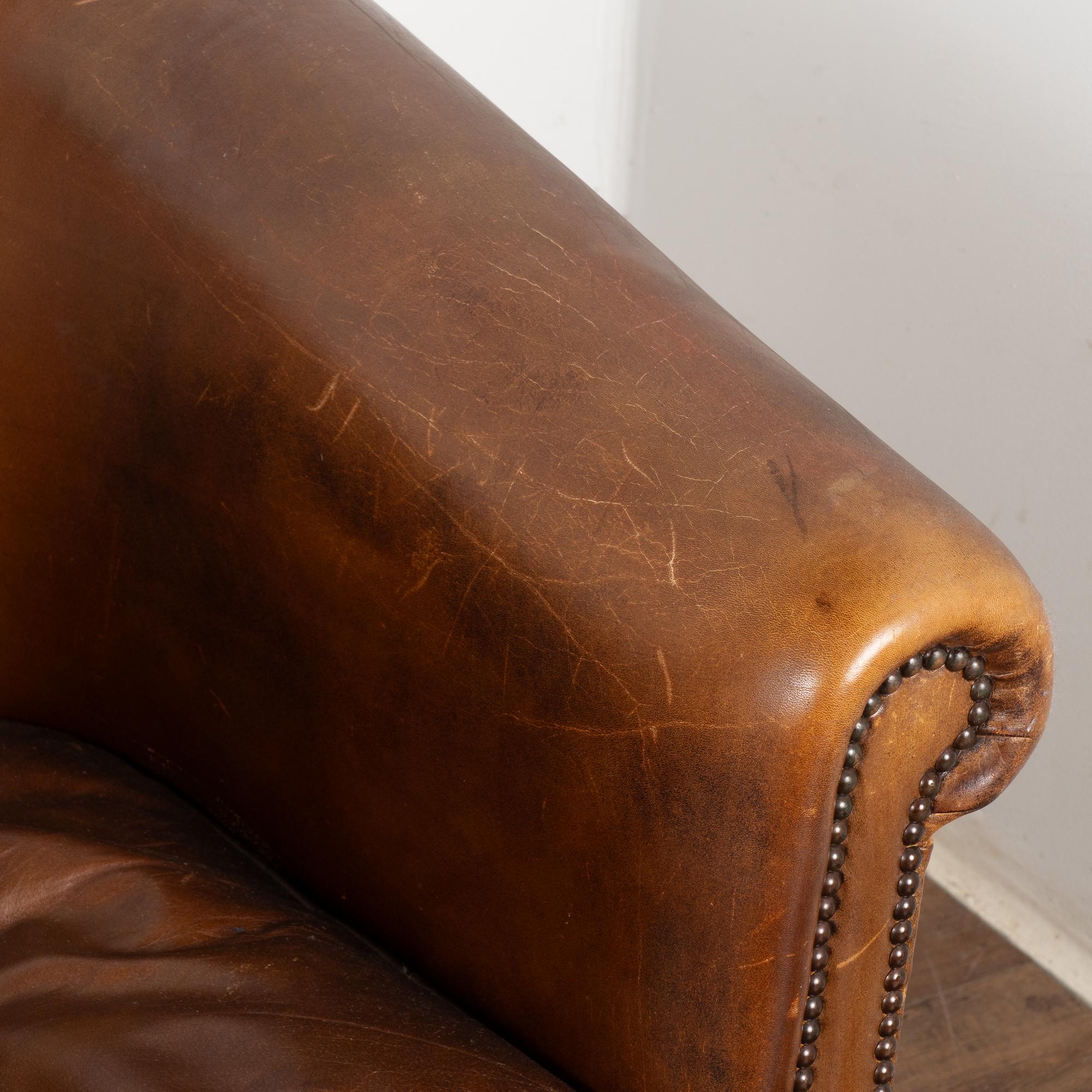 Pair, Vintage Brown Leather Tub Club Chairs, Denmark circa 1920-40 2