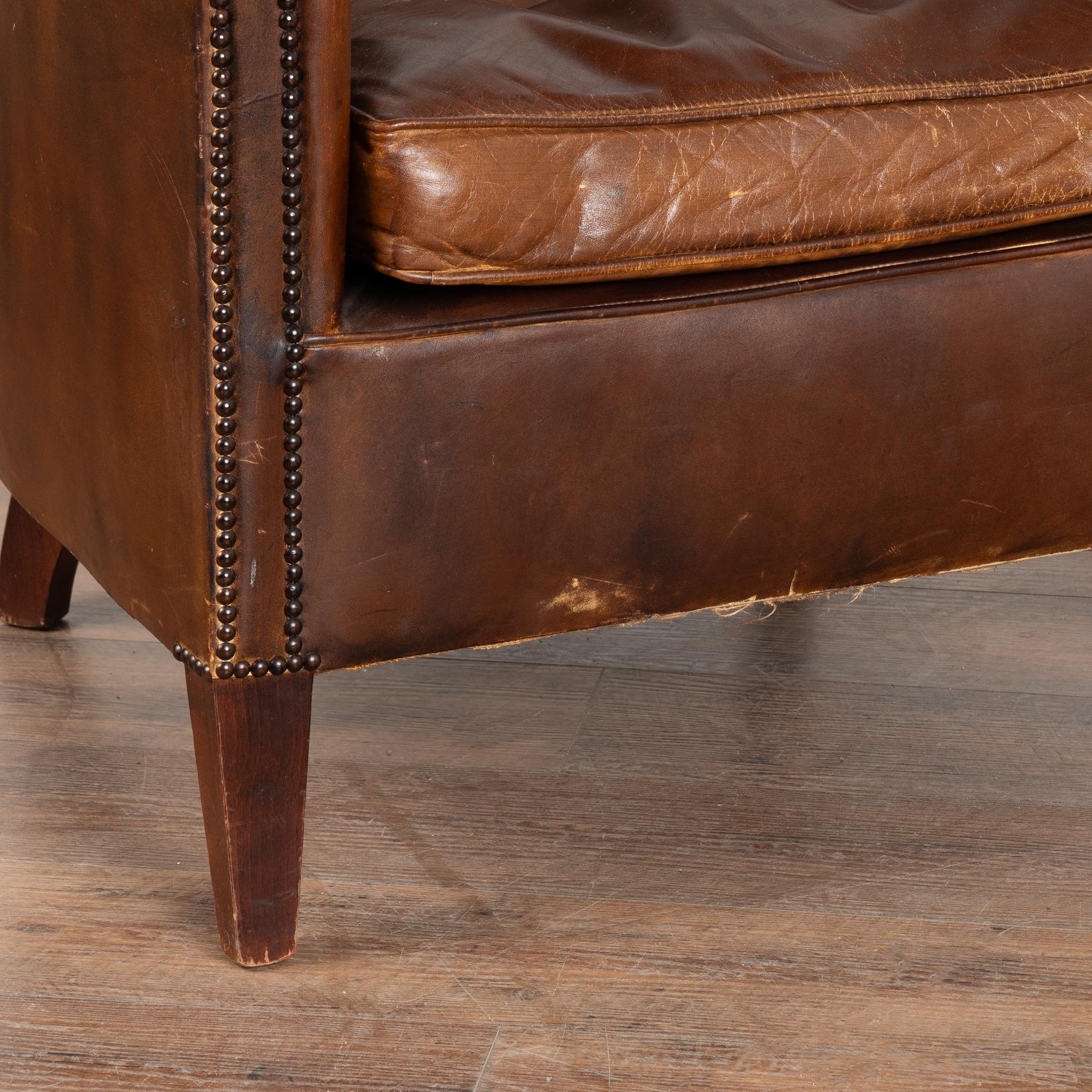 Pair, Vintage Brown Leather Tub Club Chairs, Denmark circa 1920-40 3