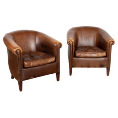 Pair, Vintage Brown Leather Tub Club Chairs, Denmark circa 1920-40