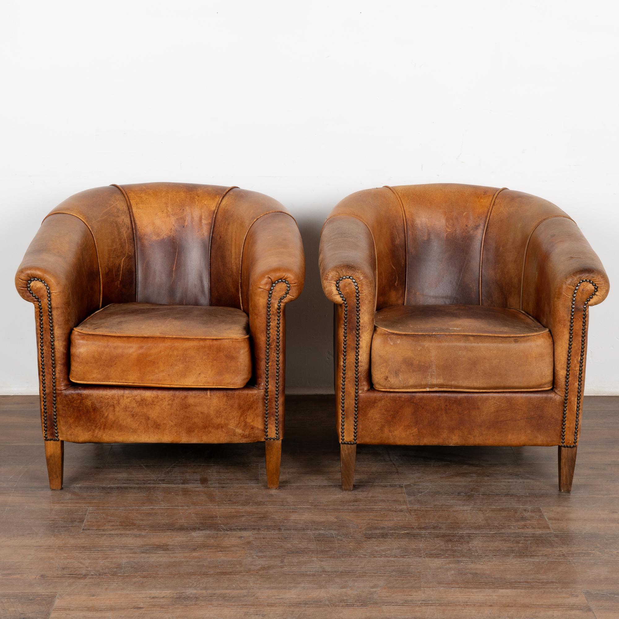 Art Deco Pair, Vintage Brown Leather Tub Club Chairs, France circa 1940