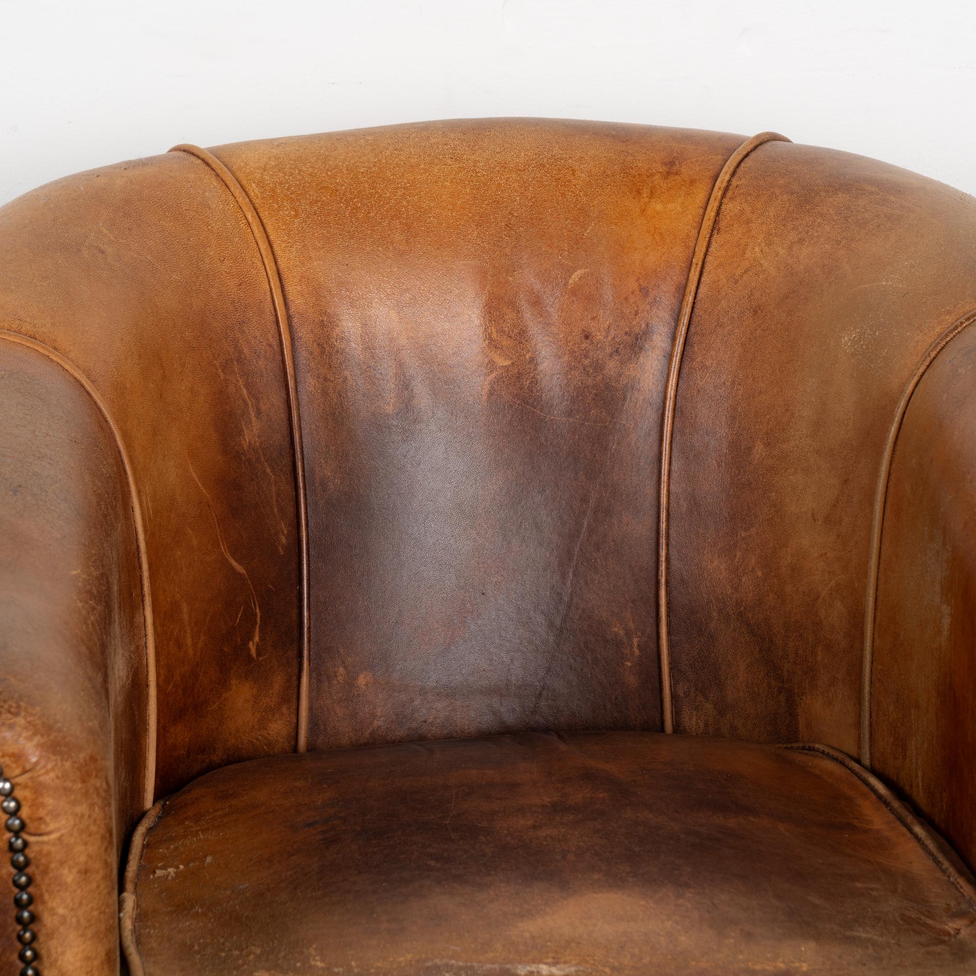 French Pair, Vintage Brown Leather Tub Club Chairs, France circa 1940