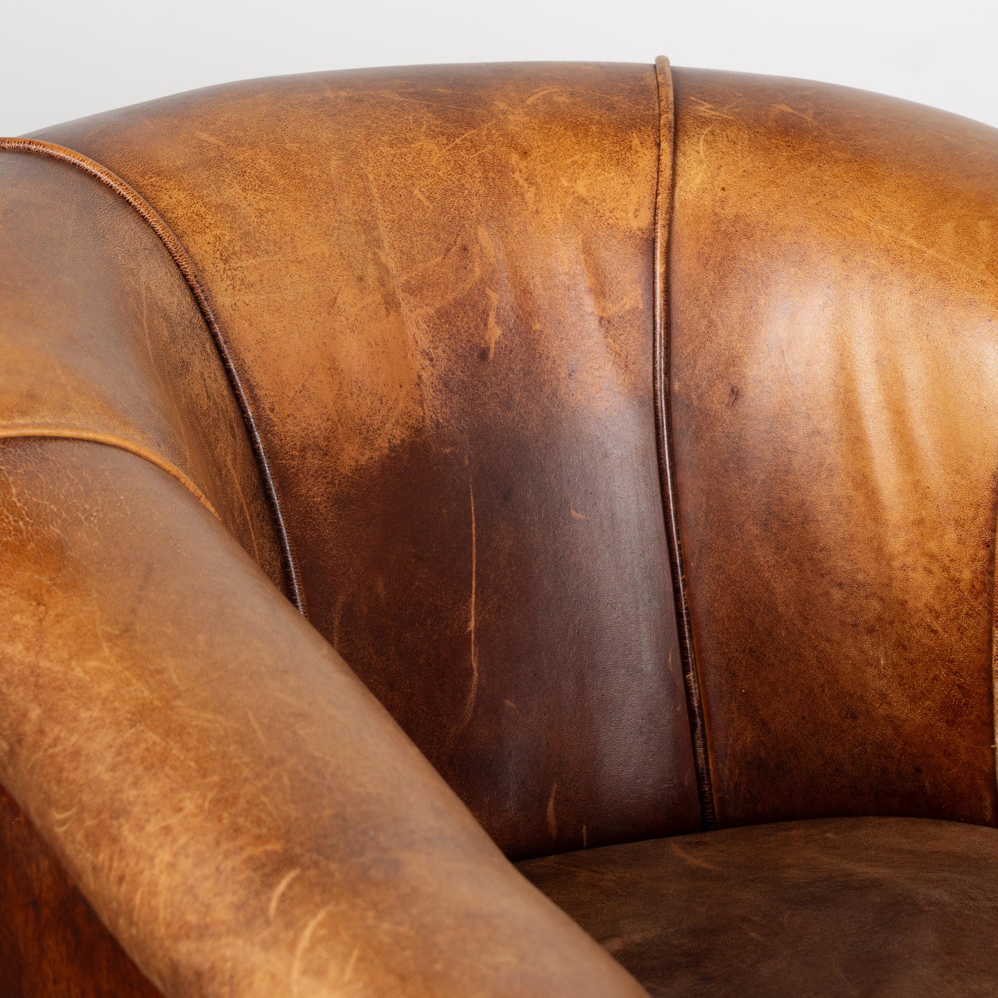 Pair, Vintage Brown Leather Tub Club Chairs, France circa 1940 In Good Condition In Round Top, TX
