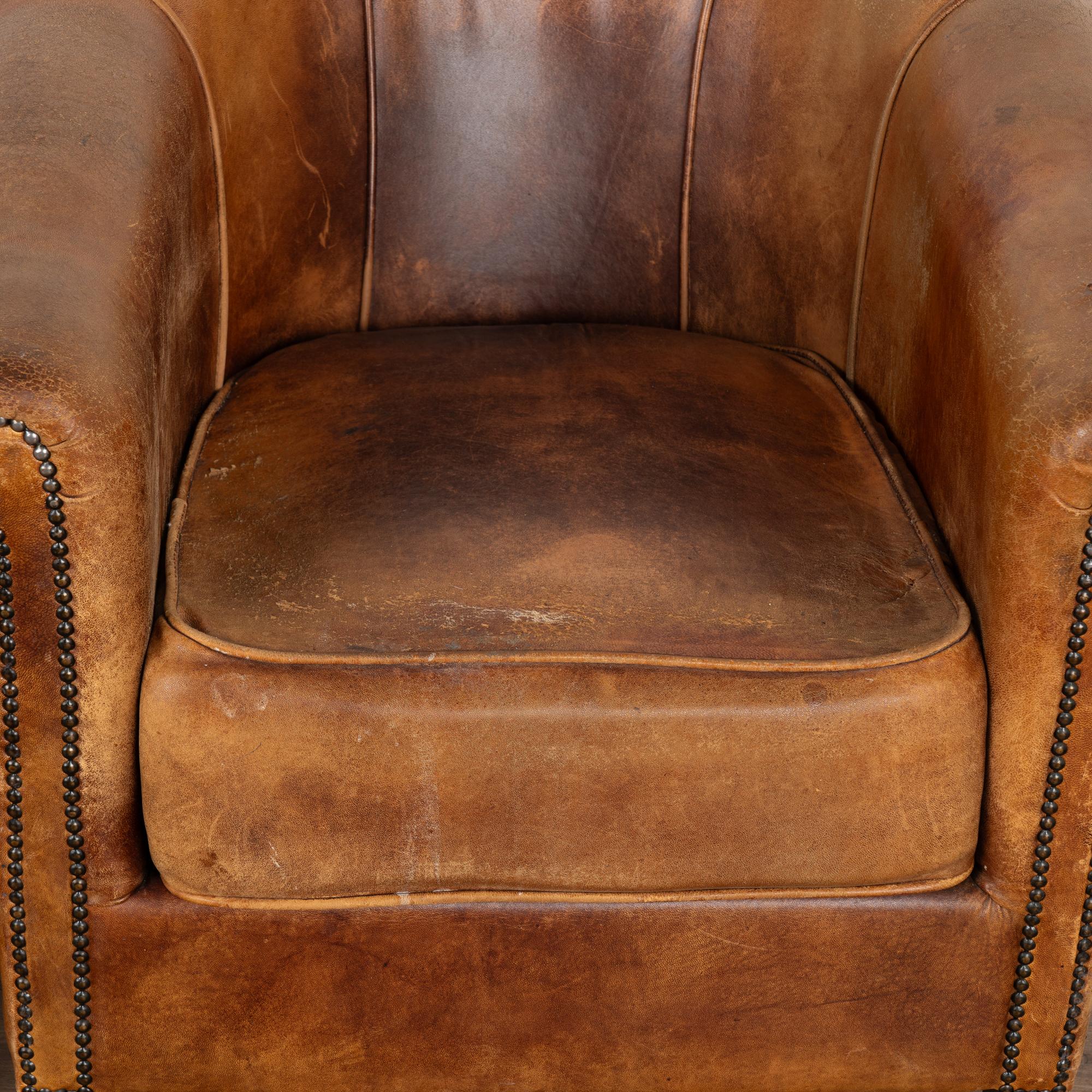 20th Century Pair, Vintage Brown Leather Tub Club Chairs, France circa 1940