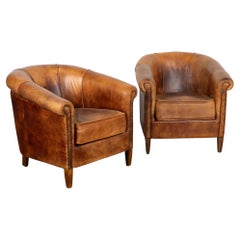 Pair, Vintage Brown Leather Tub Club Chairs, France circa 1940