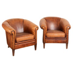 Pair, Vintage Brown Leather Tub Club Chairs from The Netherlands, circa 1960-70