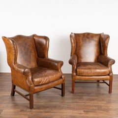 Pair, Vintage Brown Leather Wing Back Arm Chairs, England circa 1960-70