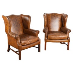 Pair, Used Brown Leather Wing Back Arm Chairs, England circa 1960-70