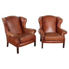  Pair, Vintage Brown Leather Wingback Arm Chairs, England circa 1960-70