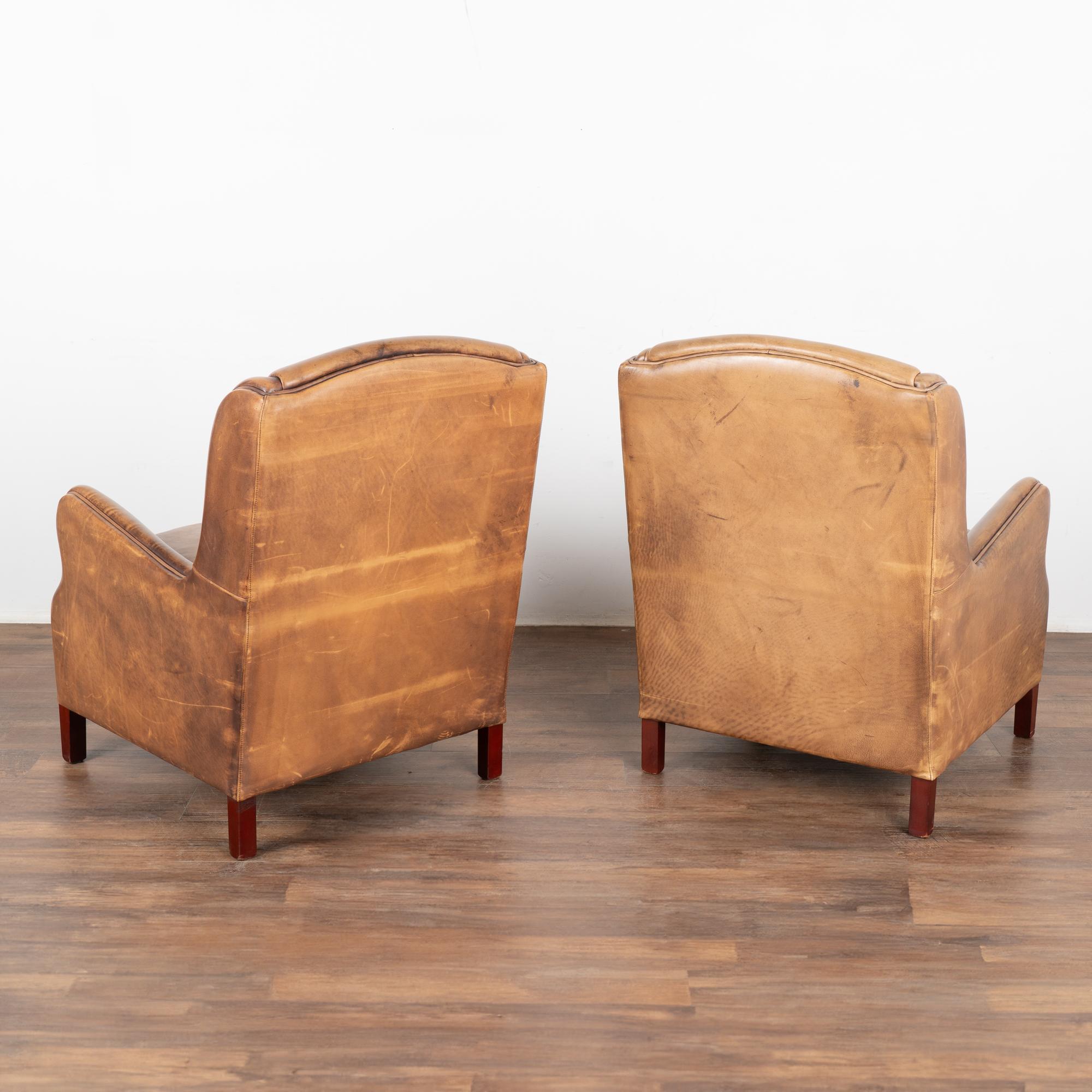 Pair, Vintage Brown Leather Wingback Arm Chairs From France, circa 1920-40 4