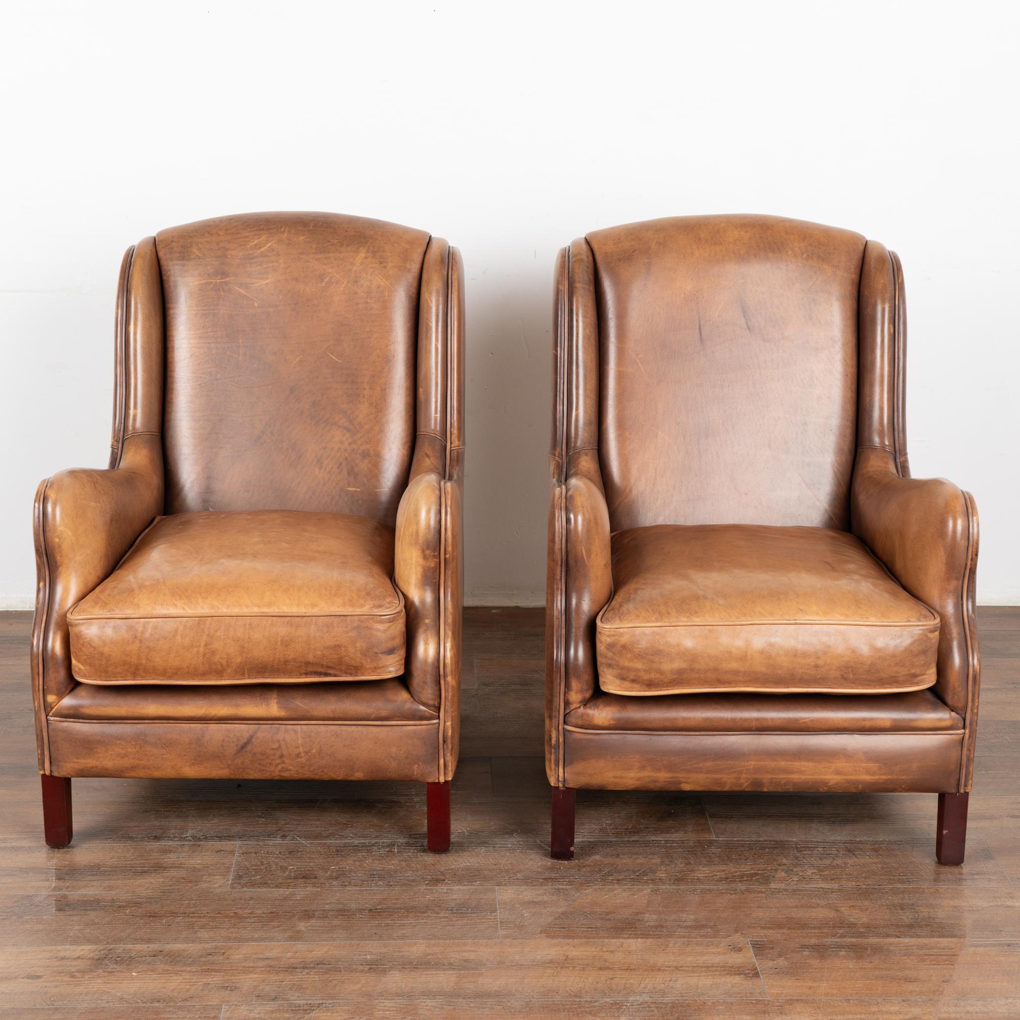 Art Deco Pair, Vintage Brown Leather Wingback Arm Chairs From France, circa 1920-40