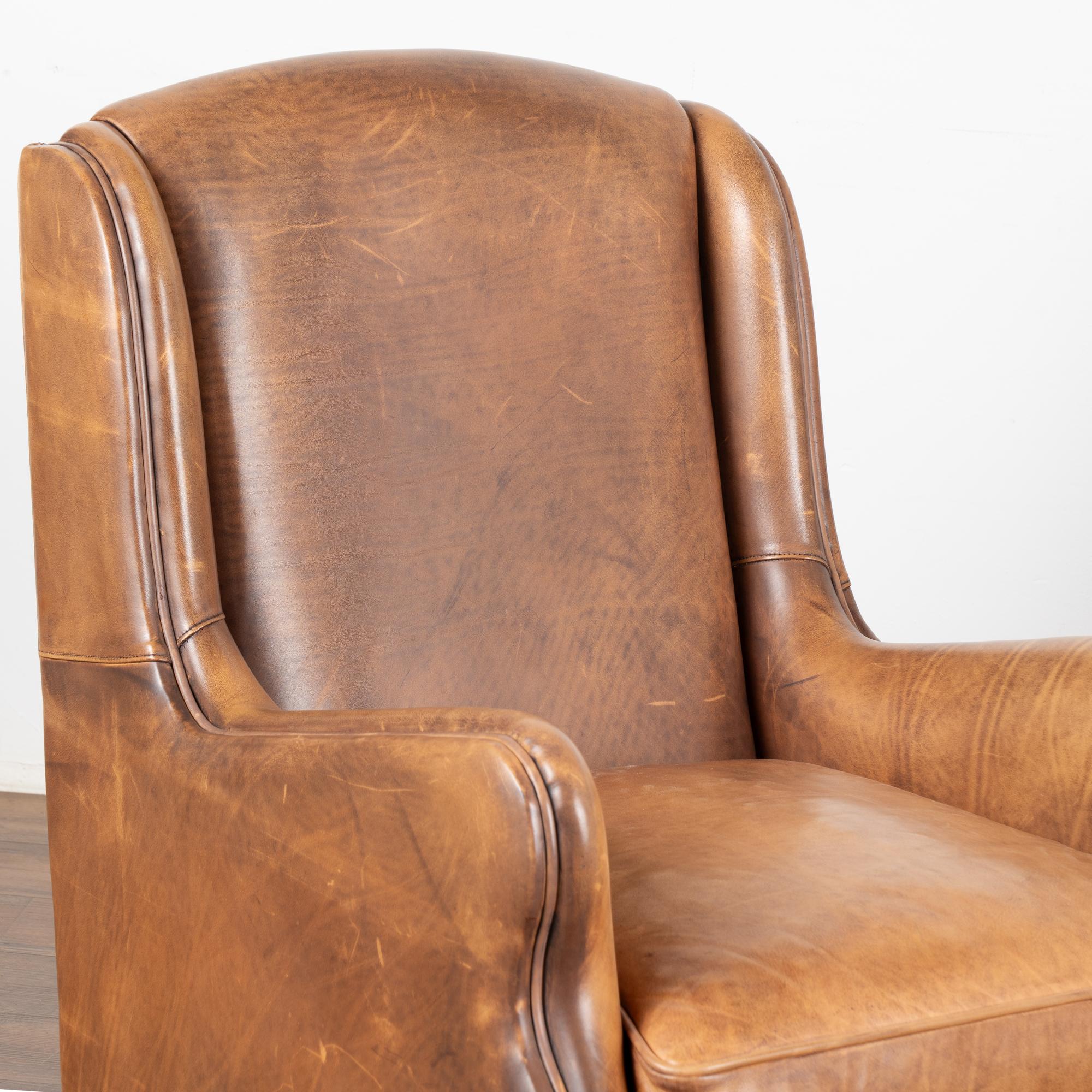 French Pair, Vintage Brown Leather Wingback Arm Chairs From France, circa 1920-40