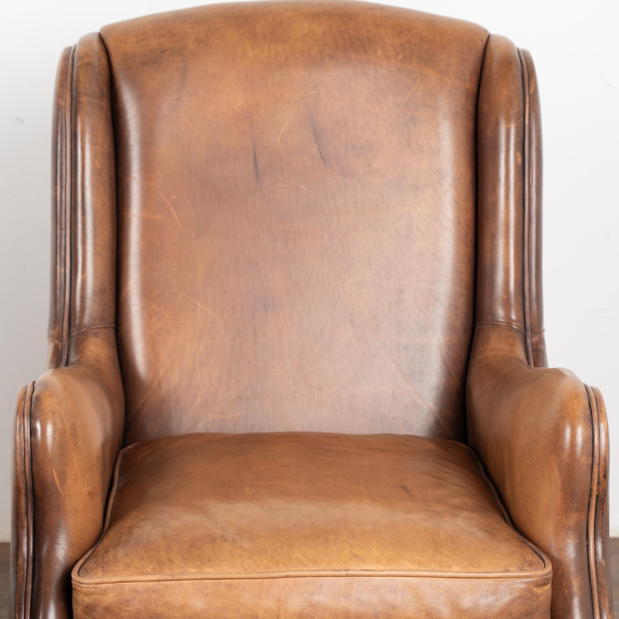 Pair, Vintage Brown Leather Wingback Arm Chairs From France, circa 1920-40 In Good Condition In Round Top, TX