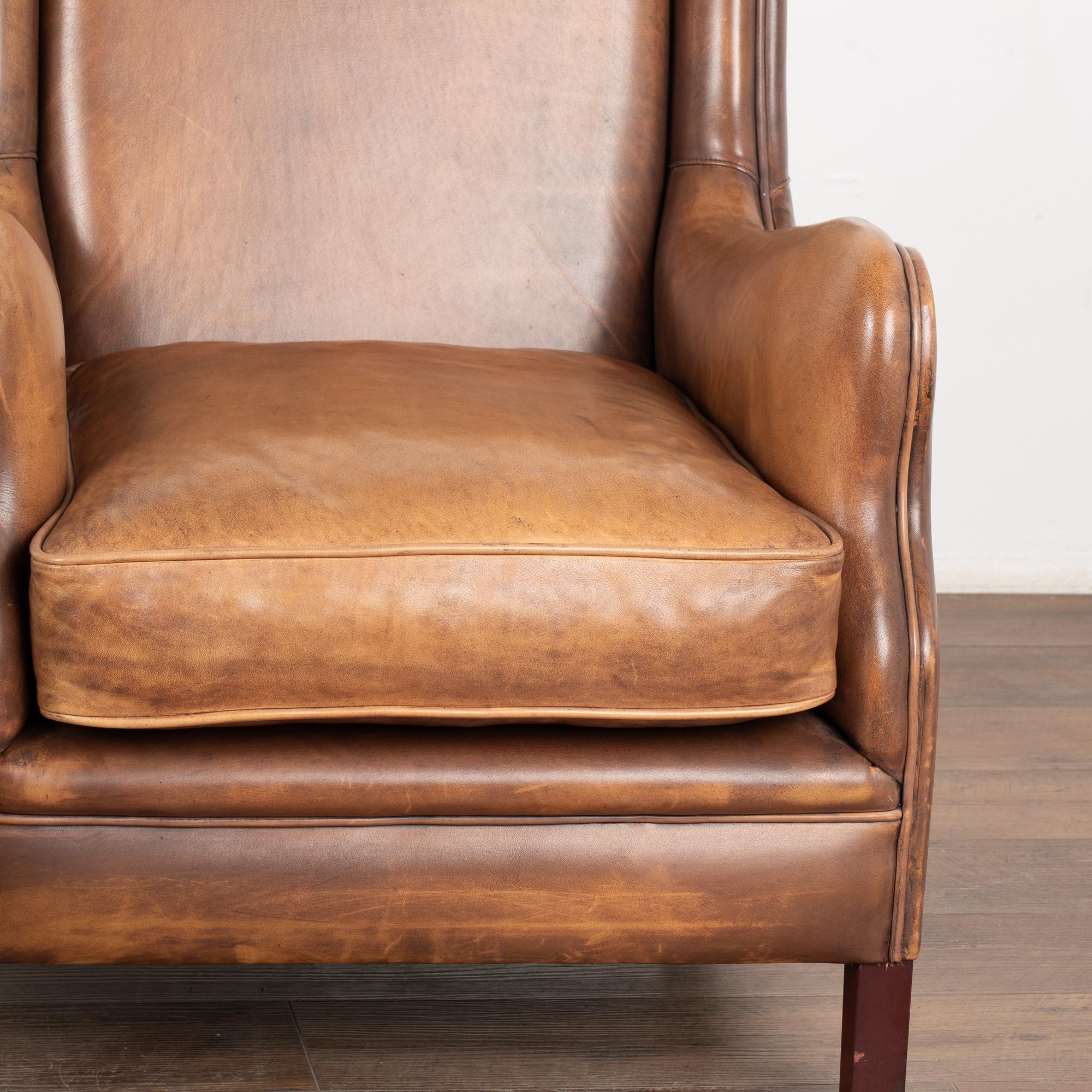 Pair, Vintage Brown Leather Wingback Arm Chairs From France, circa 1920-40 1