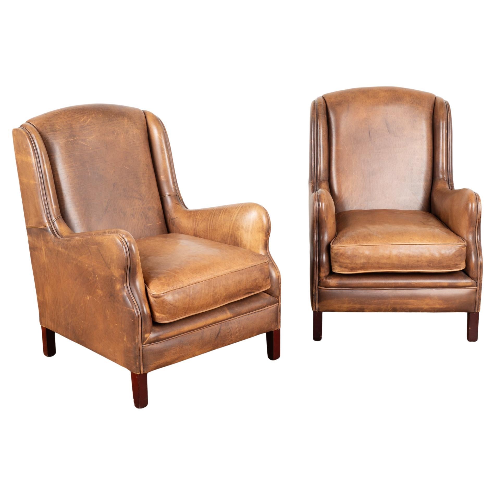 Pair, Vintage Brown Leather Wingback Arm Chairs From France, circa 1920-40