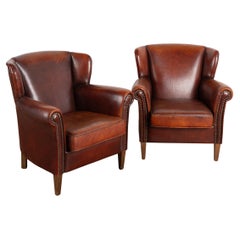 Pair, Vintage Brown Leather Wingback Arm Chairs, Netherlands circa 1960