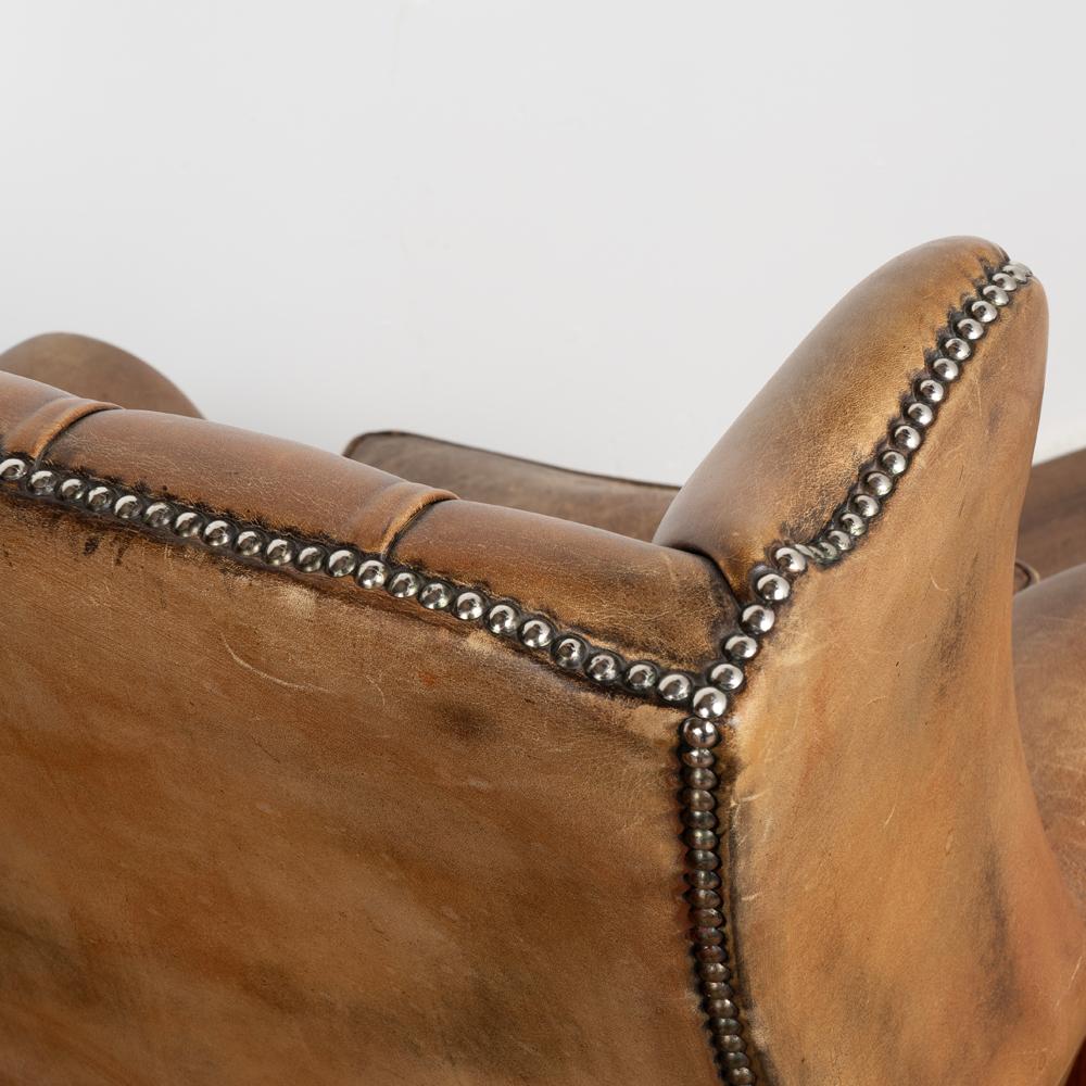 Pair, Vintage Brown Leather Wingback Chesterfield Club Chairs Denmark, Circa 195 5