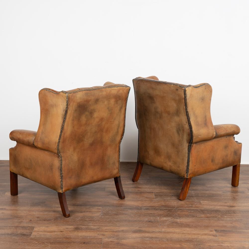 Pair, Vintage Brown Leather Wingback Chesterfield Club Chairs Denmark, Circa 195 In Good Condition In Round Top, TX