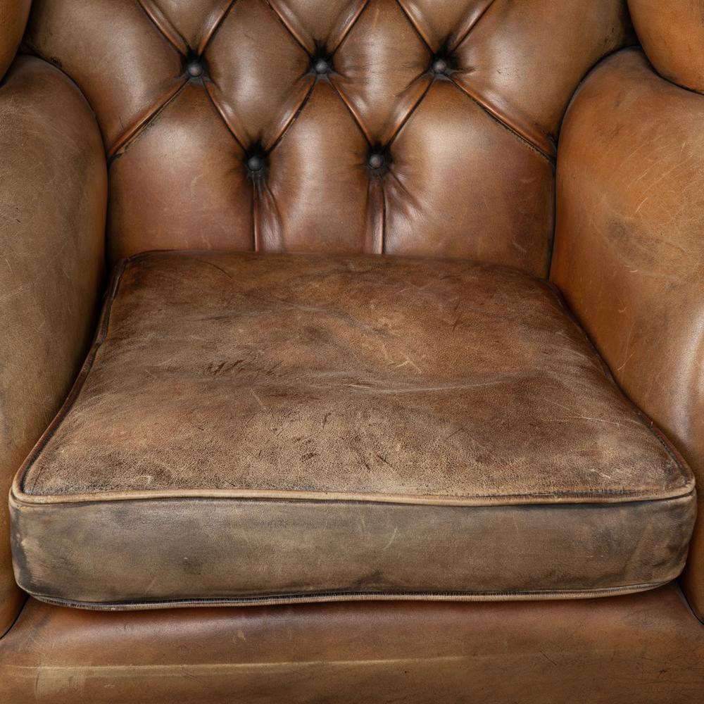 20th Century Pair, Vintage Brown Leather Wingback Chesterfield Club Chairs Denmark, Circa 195