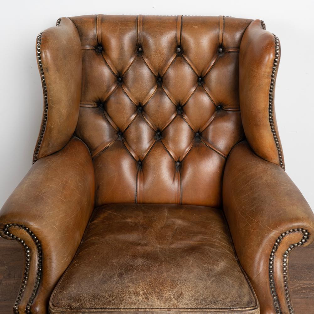 Pair, Vintage Brown Leather Wingback Chesterfield Club Chairs Denmark, Circa 195 1