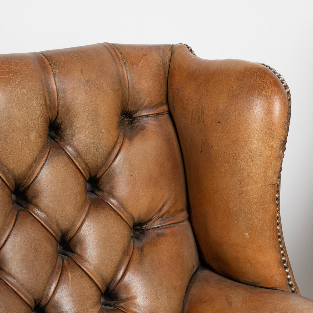 Pair, Vintage Brown Leather Wingback Chesterfield Club Chairs Denmark, Circa 195 2