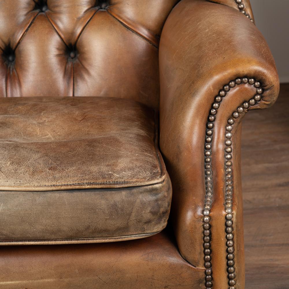 Pair, Vintage Brown Leather Wingback Chesterfield Club Chairs Denmark, Circa 195 3