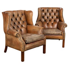 Pair, Retro Brown Leather Wingback Chesterfield Club Chairs Denmark, Circa 195