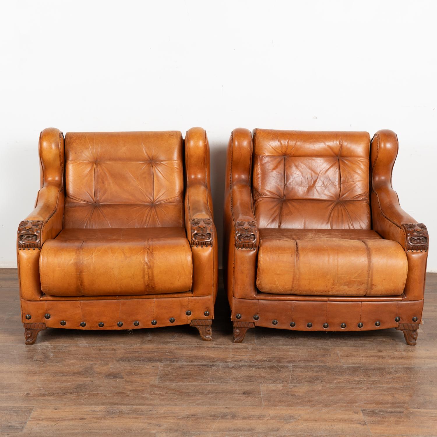 Art Deco Pair, Vintage Brown Leather Wingback Club Chairs, Denmark circa 1960-70 For Sale