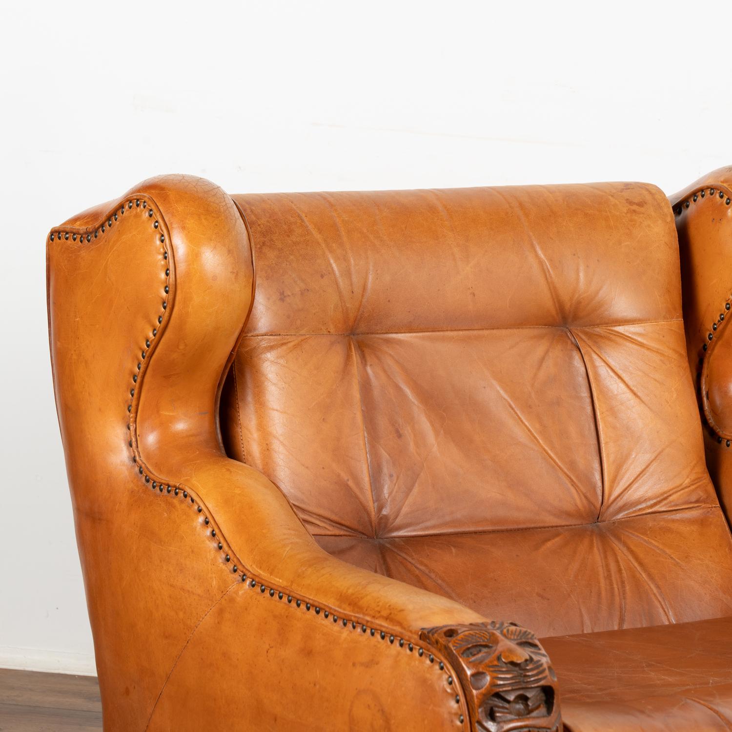 Danish Pair, Vintage Brown Leather Wingback Club Chairs, Denmark circa 1960-70 For Sale