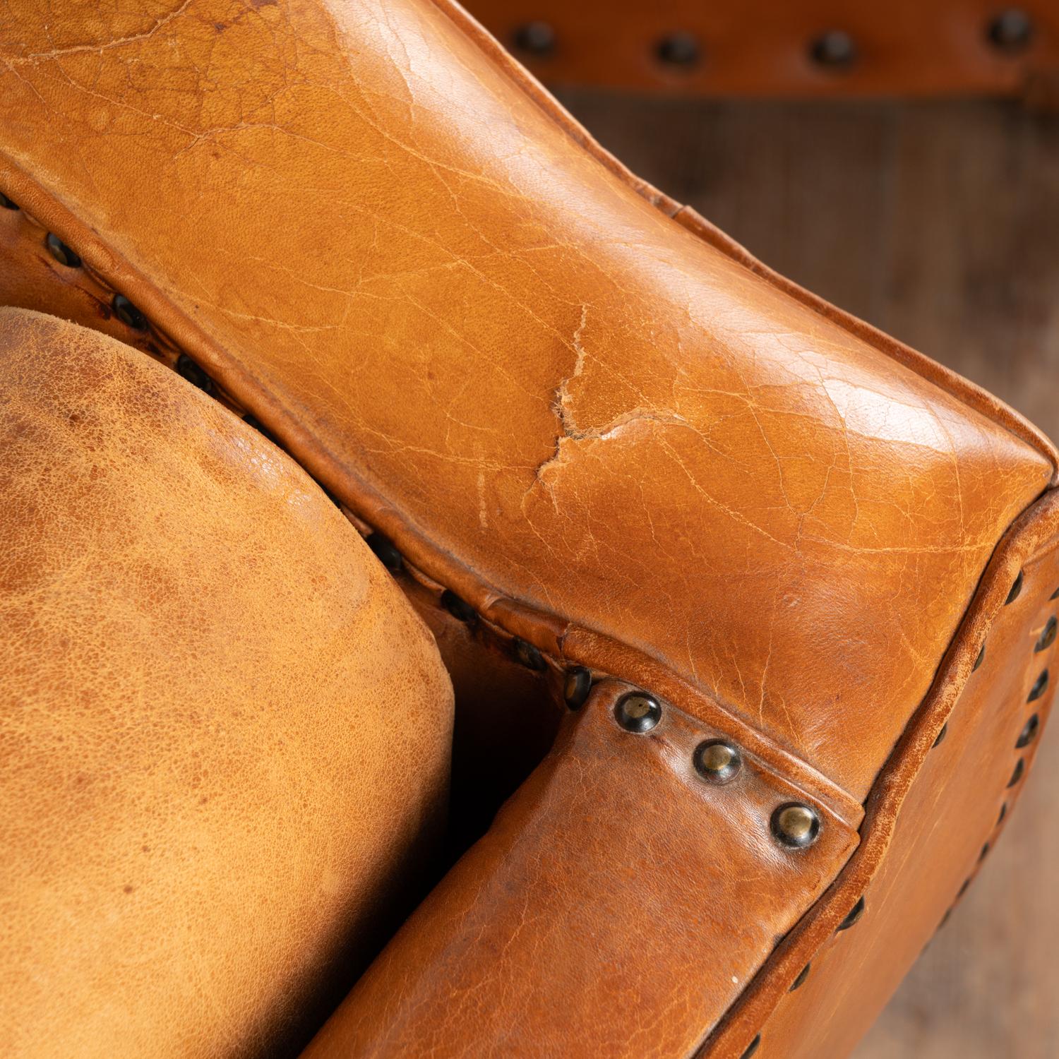 Pair, Vintage Brown Leather Wingback Club Chairs, Denmark circa 1960-70 In Good Condition For Sale In Round Top, TX