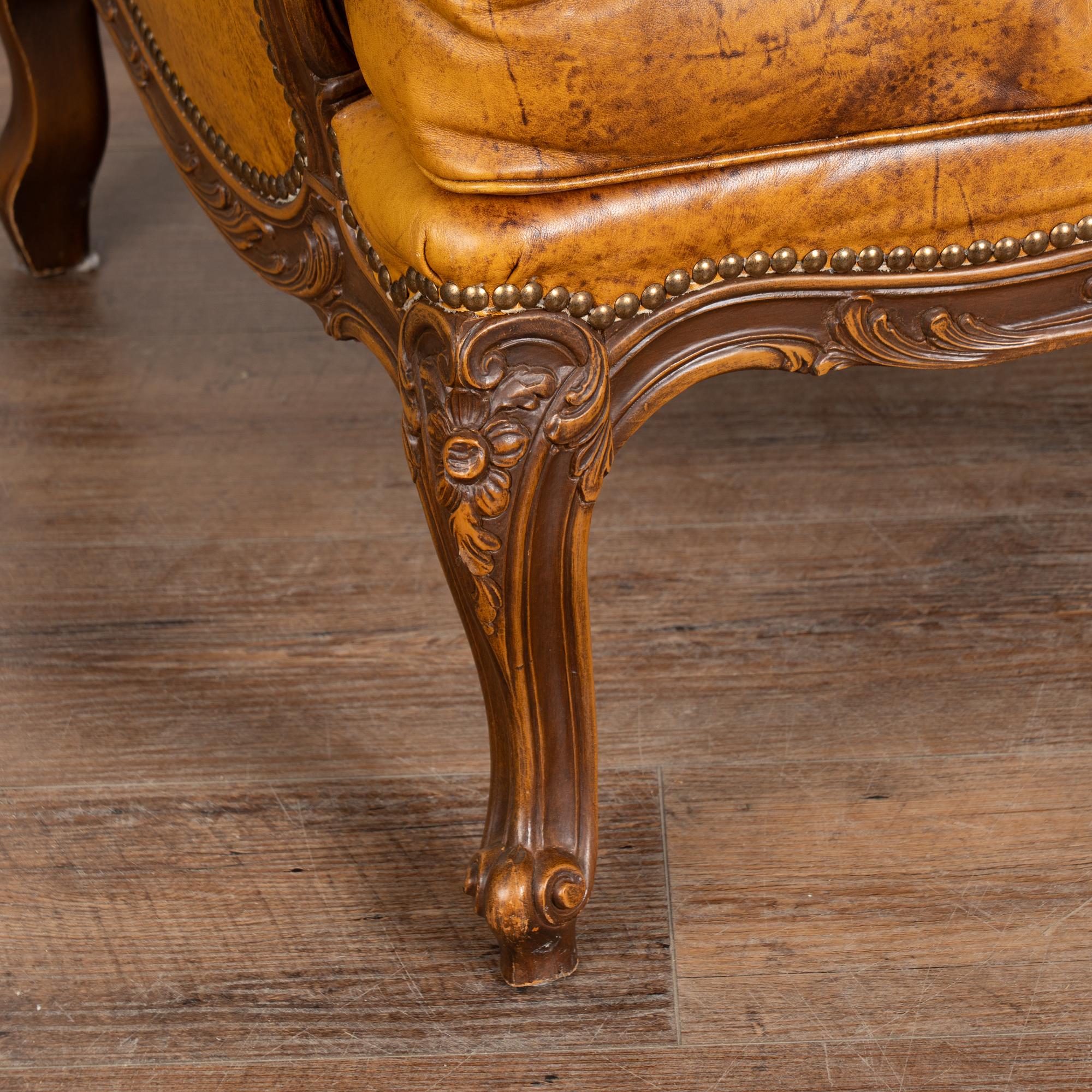 Pair, Vintage Brown Leather Wingback Club Chairs with Cabriole Legs For Sale 4