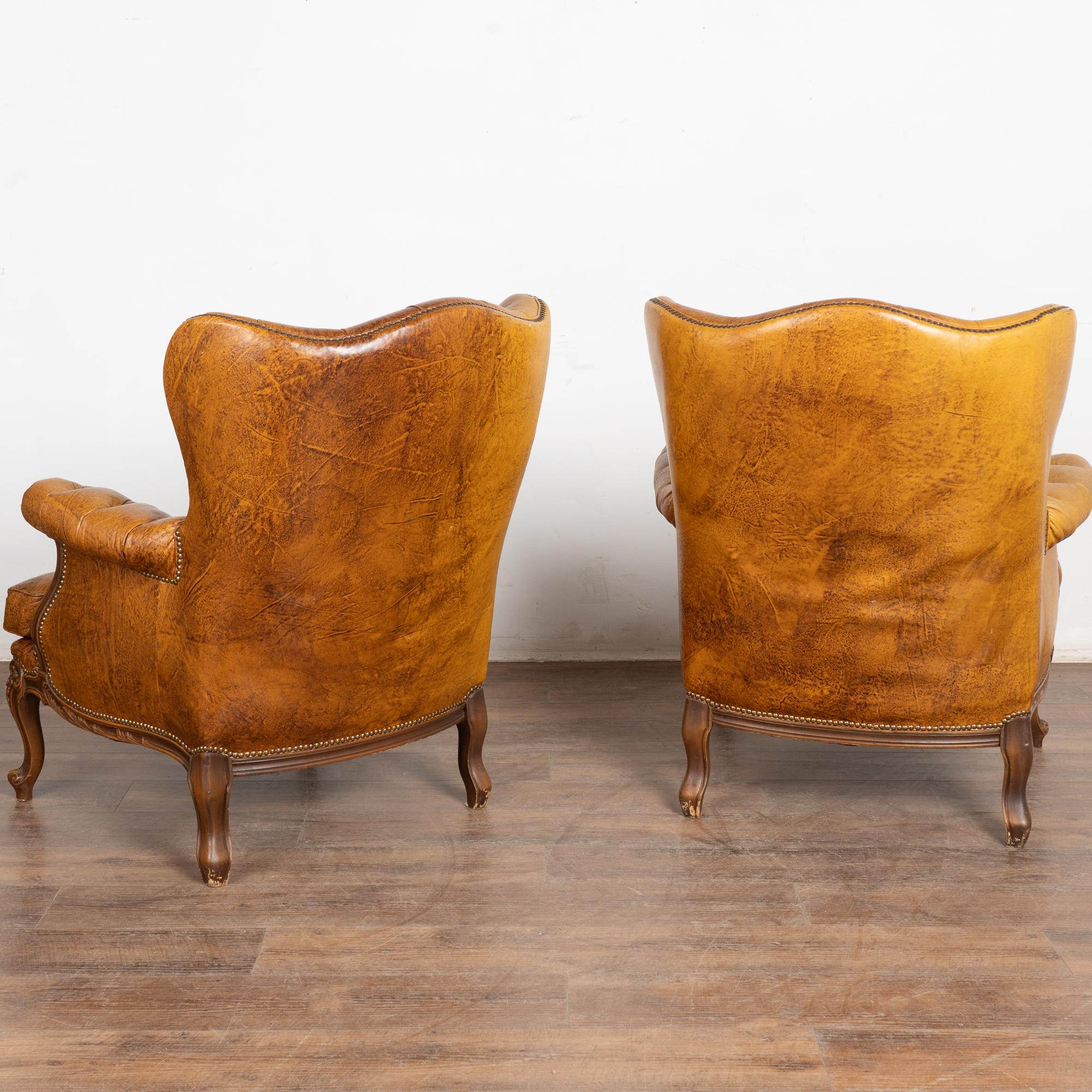 Pair, Vintage Brown Leather Wingback Club Chairs with Cabriole Legs For Sale 7