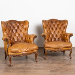 Pair, Vintage Brown Leather Wingback Club Chairs with Cabriole Legs