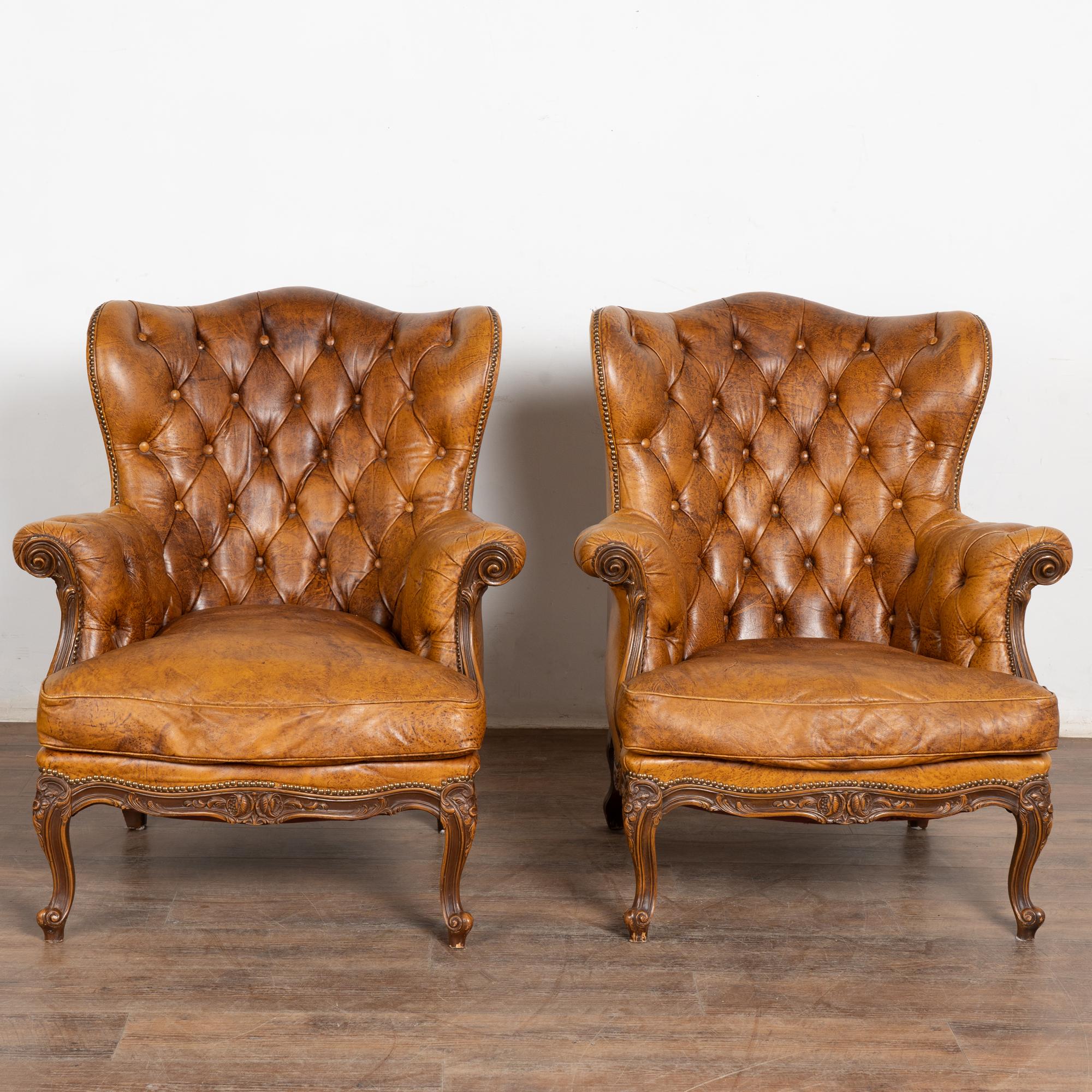 Chesterfield Pair, Vintage Brown Leather Wingback Club Chairs with Cabriole Legs For Sale