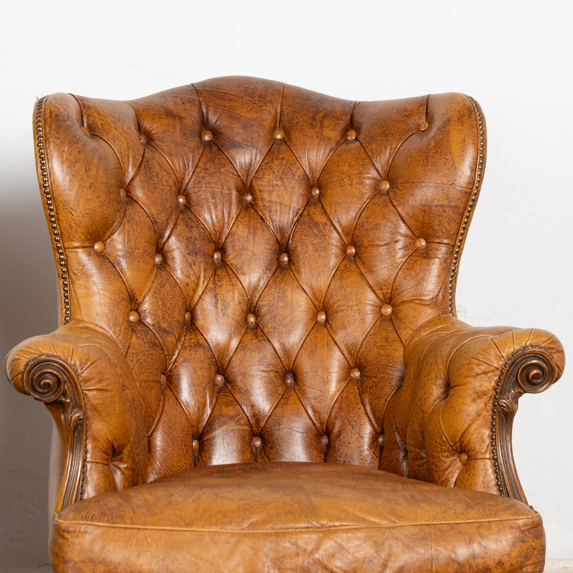 Danish Pair, Vintage Brown Leather Wingback Club Chairs with Cabriole Legs For Sale