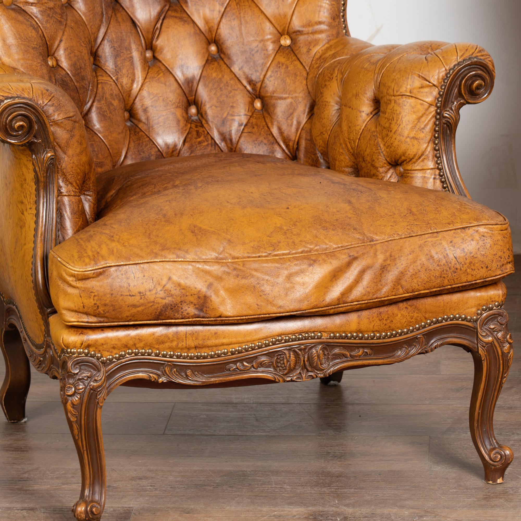 Pair, Vintage Brown Leather Wingback Club Chairs with Cabriole Legs For Sale 3