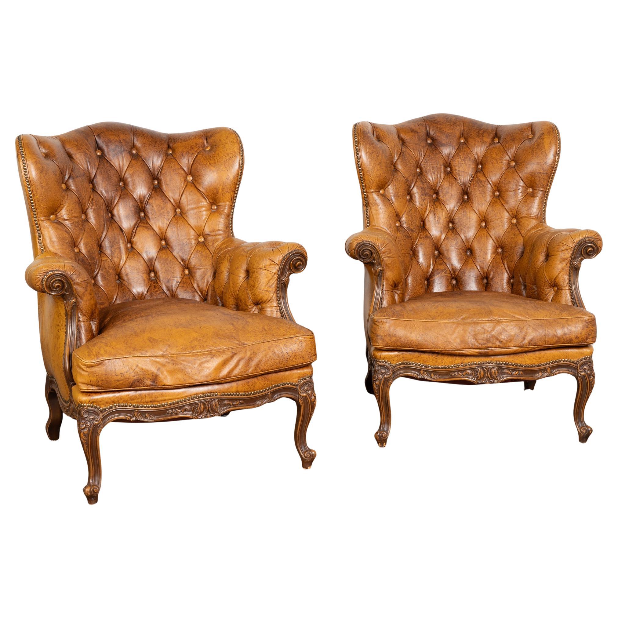Pair, Vintage Brown Leather Wingback Club Chairs with Cabriole Legs For Sale