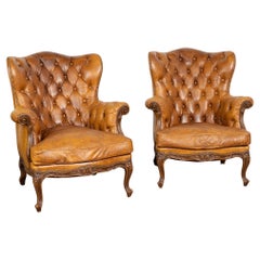 Pair, Vintage Brown Leather Wingback Club Chairs with Cabriole Legs