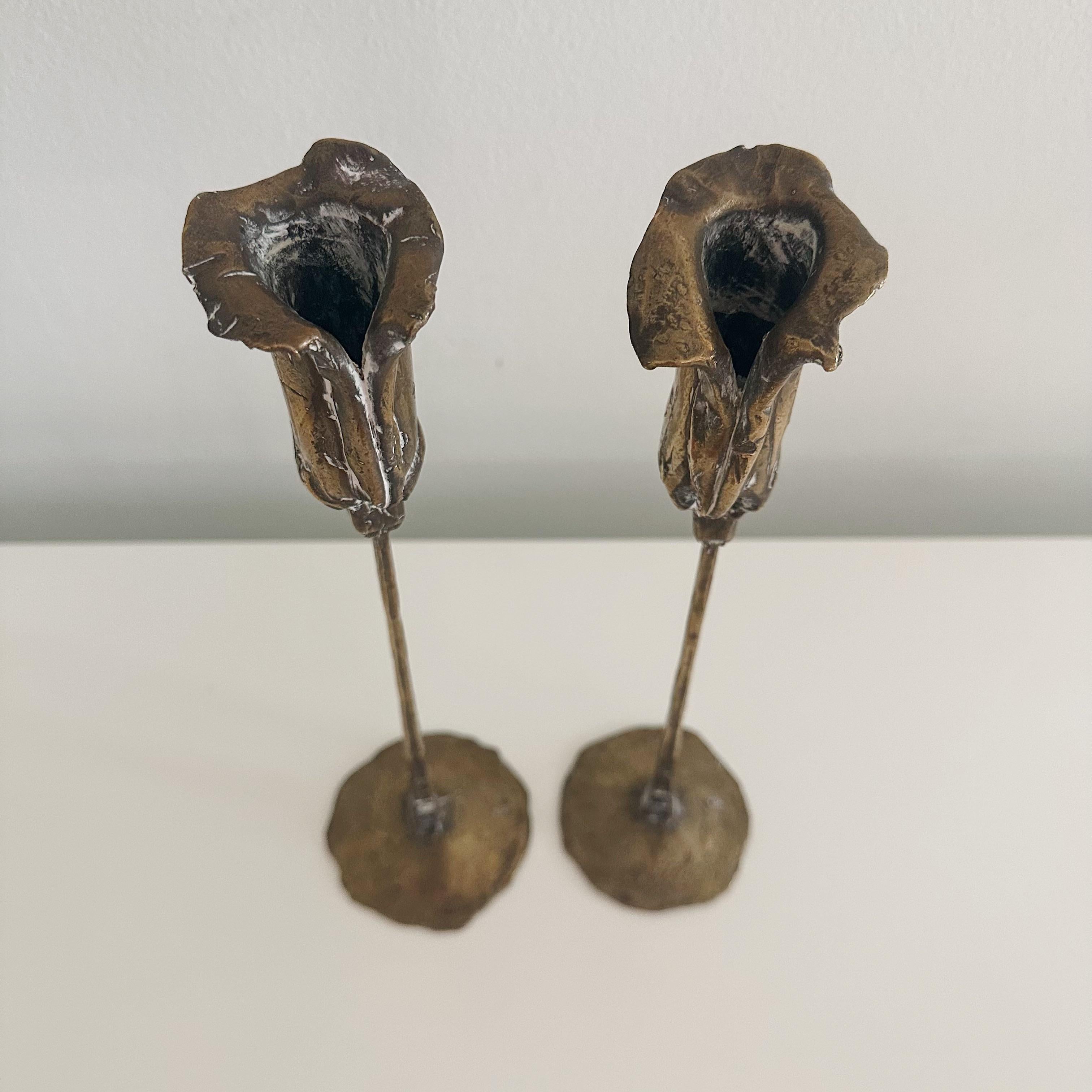 Mid-Century Modern Pair Vintage Brutalist Lily Candleholders Signed For Sale