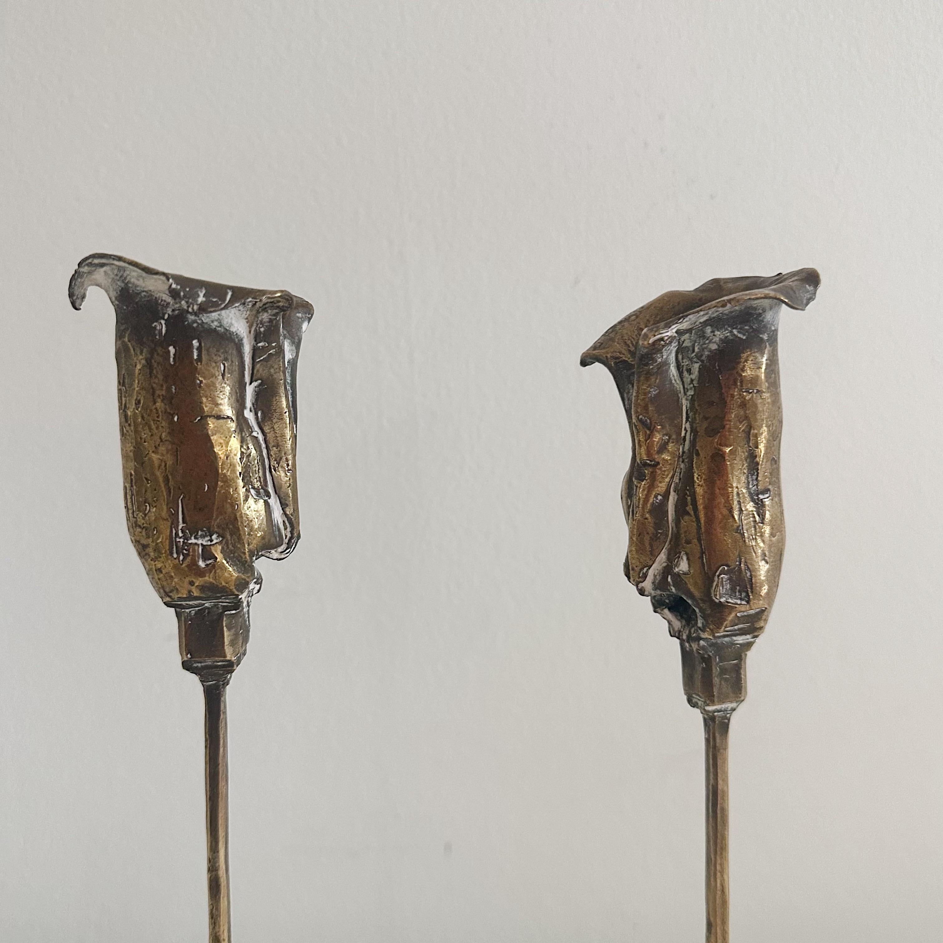 American Pair Vintage Brutalist Lily Candleholders Signed For Sale