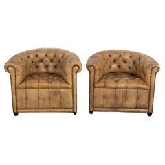 Pair, Vintage Camel Colored Leather Barrel Arm Chairs, Denmark, circa 1960
