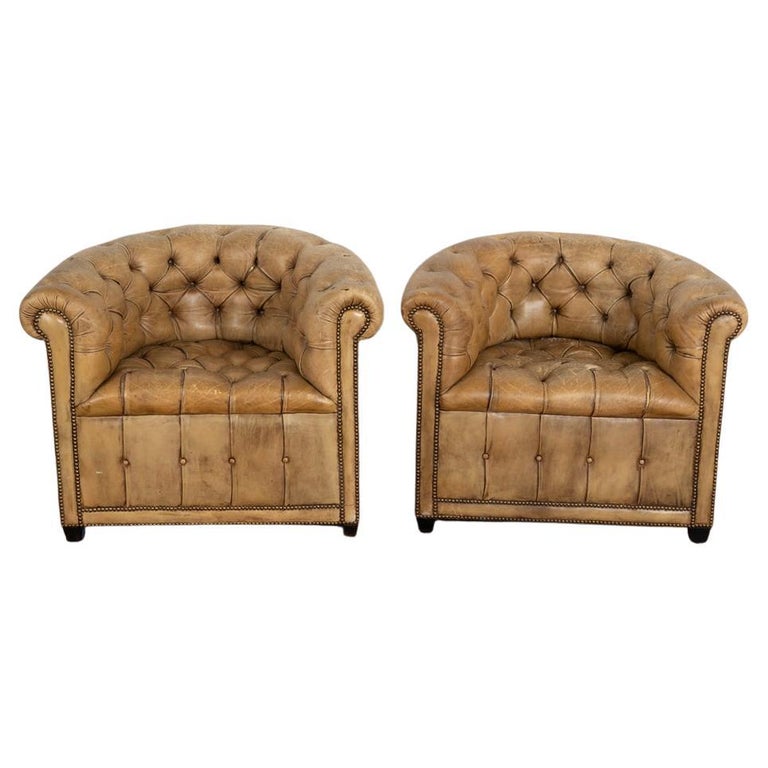 Pair, Vintage Camel Coloured Leather Barrel Arm Chairs, Denmark circa