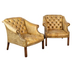 Pair, Vintage Camel Leather Arm Chairs With Tufted Backs, England circa 1920-40
